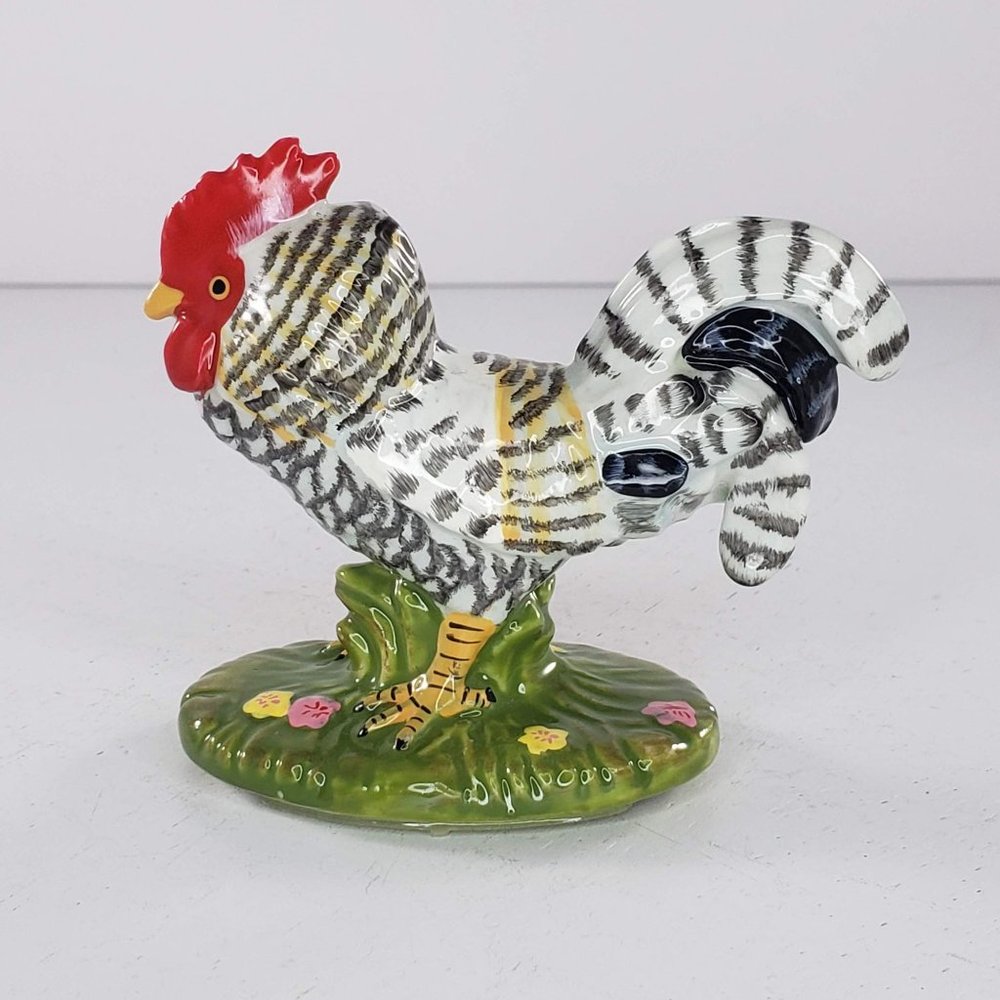 Vintage Rooster Chicken Figurine Black White